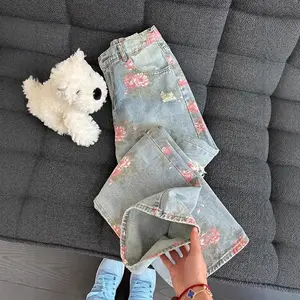 Vintage Cute High Waisted Straight Leg Jeans Casual Y2K Flower Printed Fringe Ripped Streetwear Denim Pants