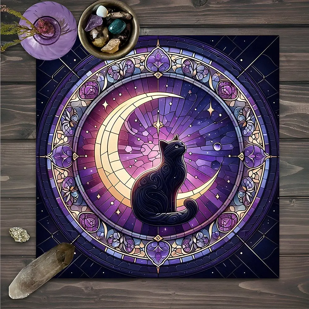 Mystical Stained Glass Black Cat Design Square Tarot Tablecloth, Witch-style, Spiritual home decor Altar Cloth Multiple Sizes Sturdy Polyester Fabric, Easy to Clean & Maintain Decorative Divination Cloth for Spreads & Rituals Gift for family and friends