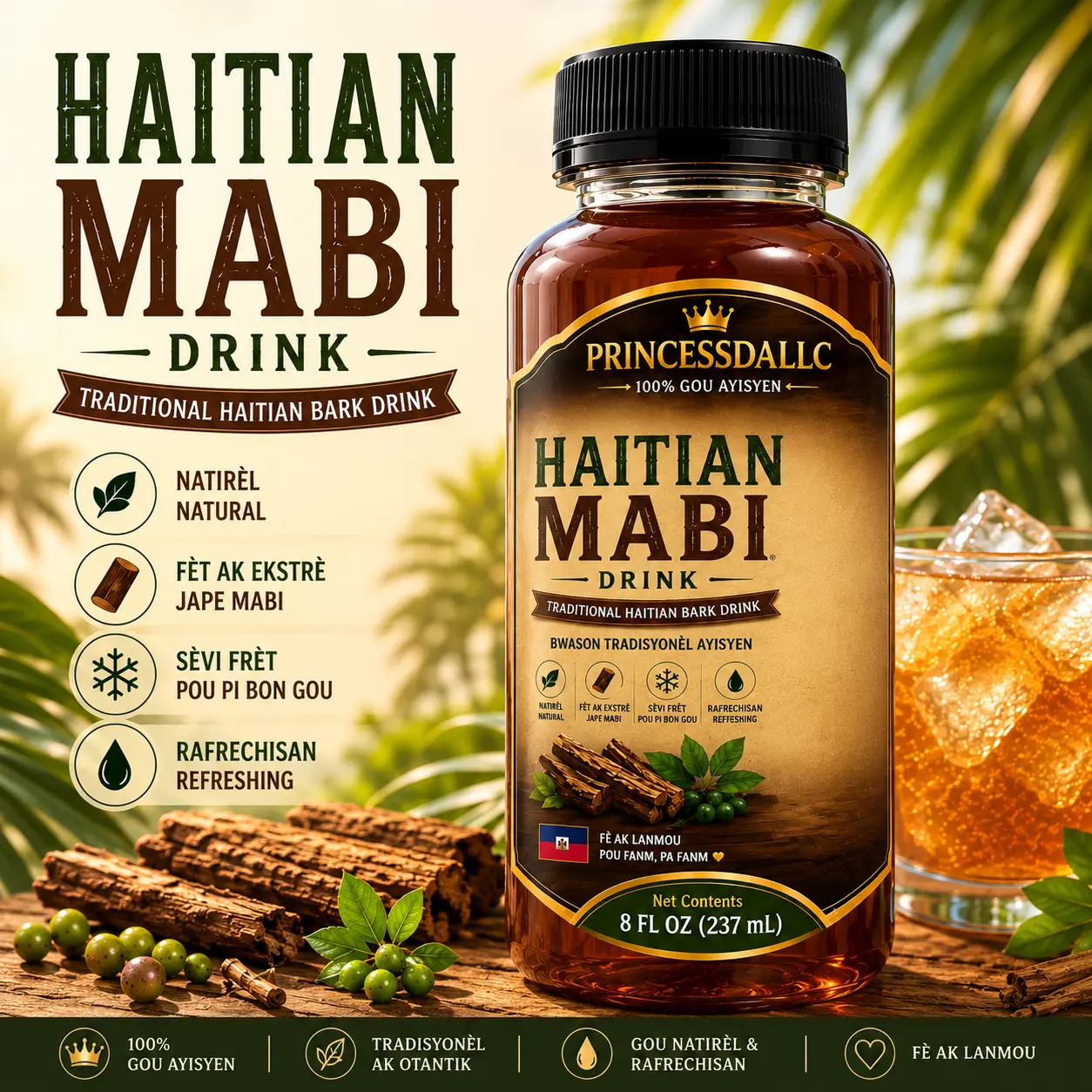Traditional Mabi Bark Beverage, Cholesterol Free Cultural Delight with Authentic Taste of Haiti, 8 fl oz (237 mL)