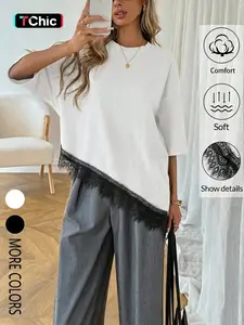 Women's Casual Fashion Asymmetrical Hem Short Sleeve Round Neck T-Shirt, Stylish Summer Top, Comfortable and Trendy