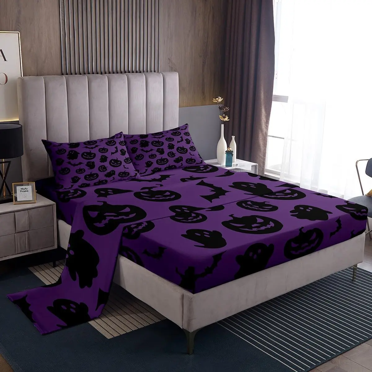 Halloween Sheet with 16 Inch Deep Pockets for Girls Boys Kids,Cute Ghosts Bedding,Room Decor Pumpkin Bats Bed Sheets Set,Deep Purple Bed Cover