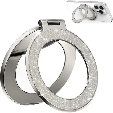 Women's TPU Magnetic Cellphone Ring Grip Mount, Upgraded Silicone Accessory with Built-in Makeup Mirror, Electroplated Glitter Design for MagSafe-Compatible iPhone 12/13/14/15/16/17 Series Hands-Free Use