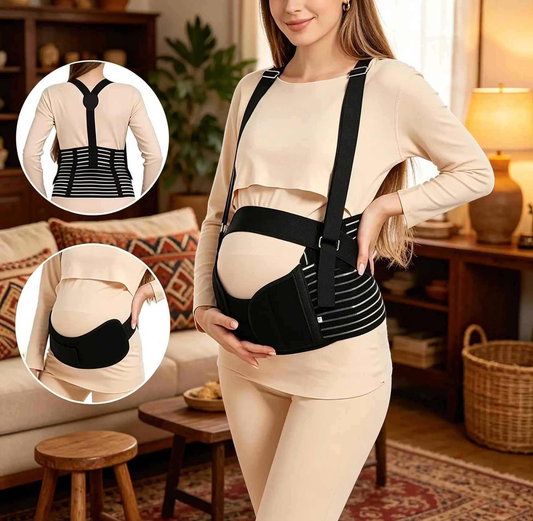 Maternity 3-Piece Strap-Style Support Belt, Lightweight Breathable Adjustable, Mid-to-Late Pregnancy Belly Support for Pressure Relief & Stabilization, Under-Clothing Wear (Sports & Outdoor Protective Gear Accessory)