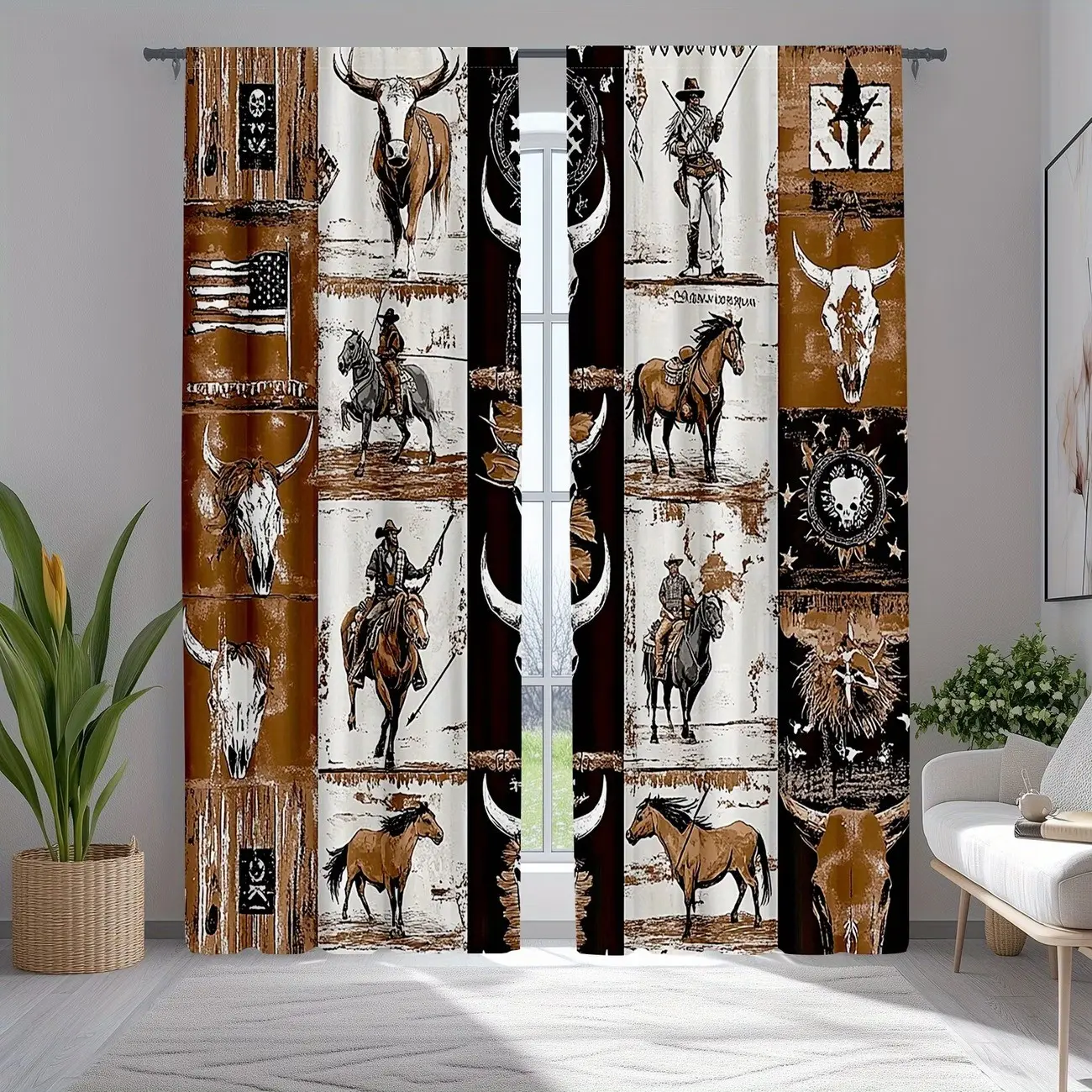 Two piece set of Wild West Cowboy Athletic style semi blackout curtains, made of semi transparent polyester material, featuring denim, bull bones, and American flag patterns, suitable for bedrooms, living rooms, and farmhouse style curtains, Window Drapes