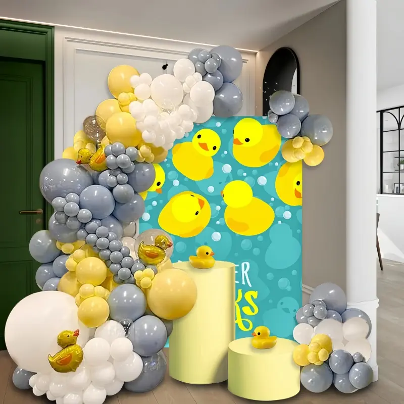122pcs Lucky Yellow Duck Balloon Arched Wreath Set, Balloon Arch Kit, Balloon Garland Kit, Maca Yellow White Latex Balloon with Mini Duck Aluminum Foil Balloon for Baby Shower Decoration, Children's Duck Theme Birthday Party Supplies