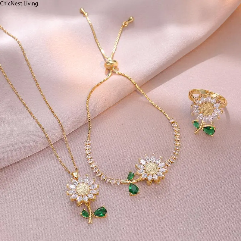 Women's 3-Piece Elegant Sunflower Jewelry Set, Rotatable Zircon Spin-to-Shine Charm, Clavicle Bracelet, Bling Necklace, Matching Ring, Daily Female Costume Accessories