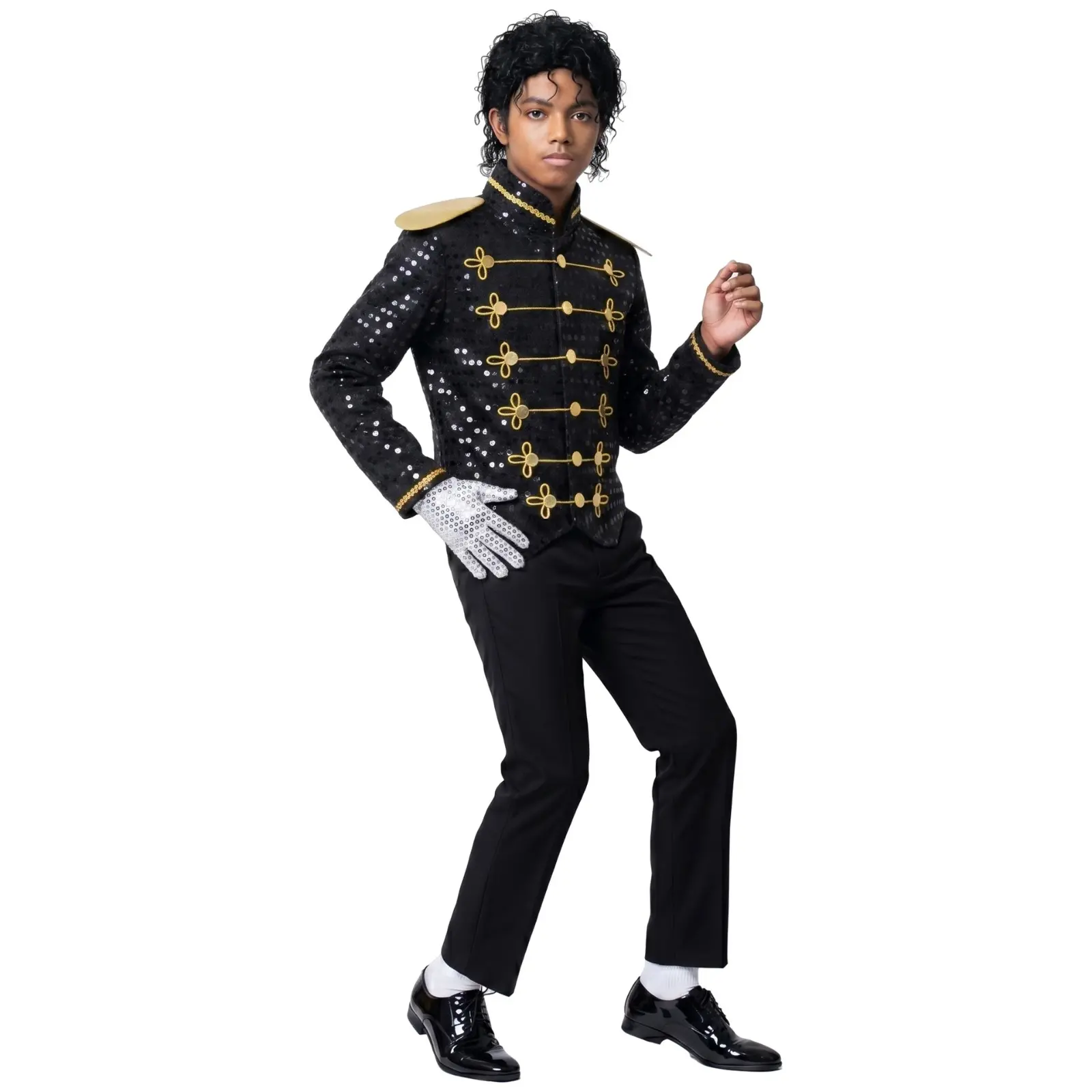 Kids Michael Jackson Costume Set, Black Sequin Military Jacket with Curly Wig & Single White Glove, Halloween MJ Cosplay Outfit for Boys, Stage Dance Performance Dress Up