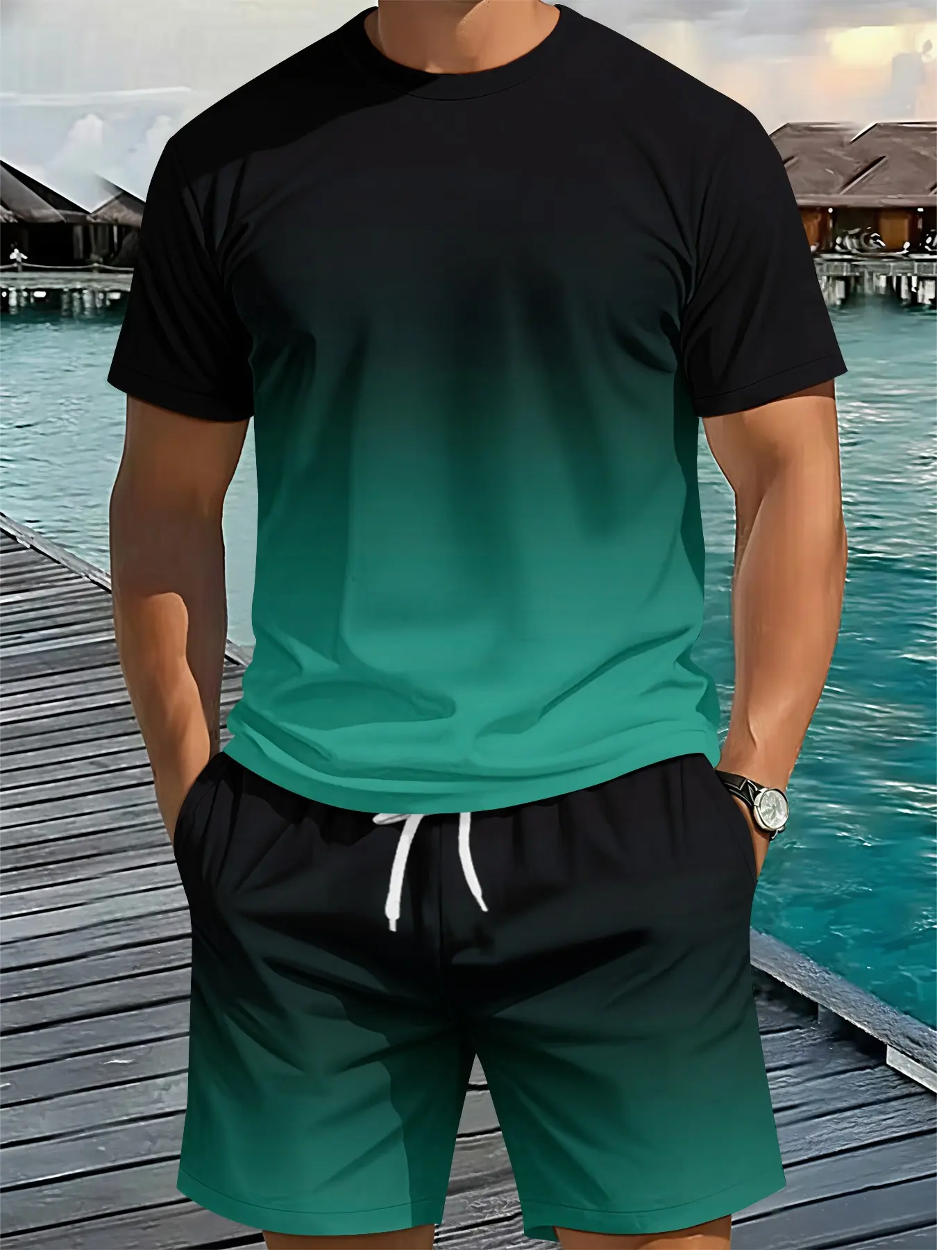 Minimalist Printed 3D Digital Printed Two-piece Set with Black-Green Gradient, 2Pcs, Trendy Fashion Outfit Set, Trendy Retro Casual Two-piece Suit, Resort-style Trendy Wear, Breathable Sports Casual Style, Perfect Festival Gift for Men