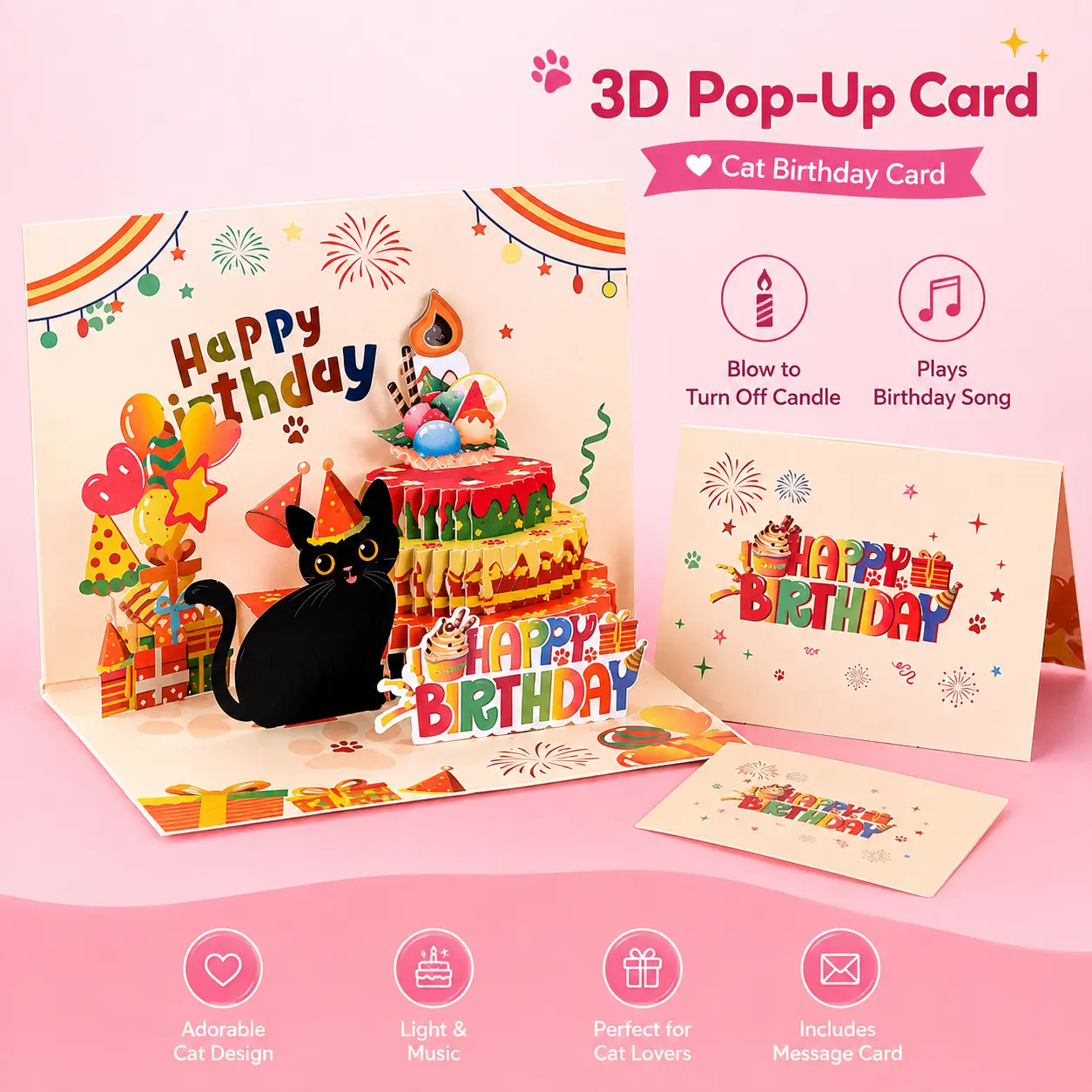 Pop Up Birthday Card - Musical Blowable Candle Light Up 3D Greeting Card with Happy Birthday Song, Interactive Paper Cake Card with Envelope for Kids, Girlfriend, Mom & Friends