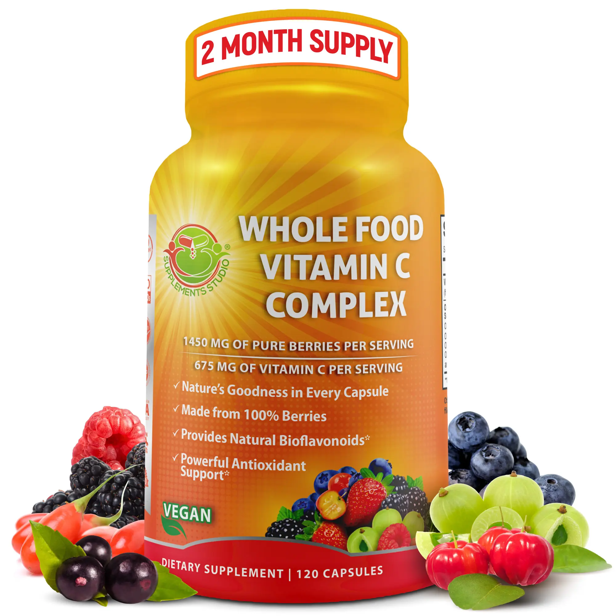 SUPPLEMENTS STUDIO Whole Food Vitamin C 675mg - Vitamin C from Organic Berries - Natural Bioflavonoids for Immune Support - Easy to Swallow - 120 Capsules