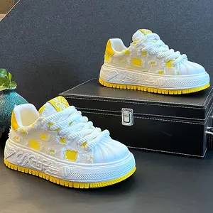 White Chunky Platform Sneakers for men, Yellow Accent Canvas Casual Shoes, All-Season Streetwear Trainers
