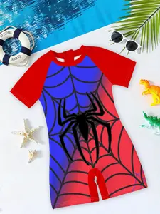 Boys' one-piece swimsuit "Spider-Man Classic Style" with red-blue gradient spider web and spider print + raglan sleeve one-piece design, slim fit, vibrant and handsome, creating a perfect summer atmosphere for pool/ beach outfits~ Swimwear