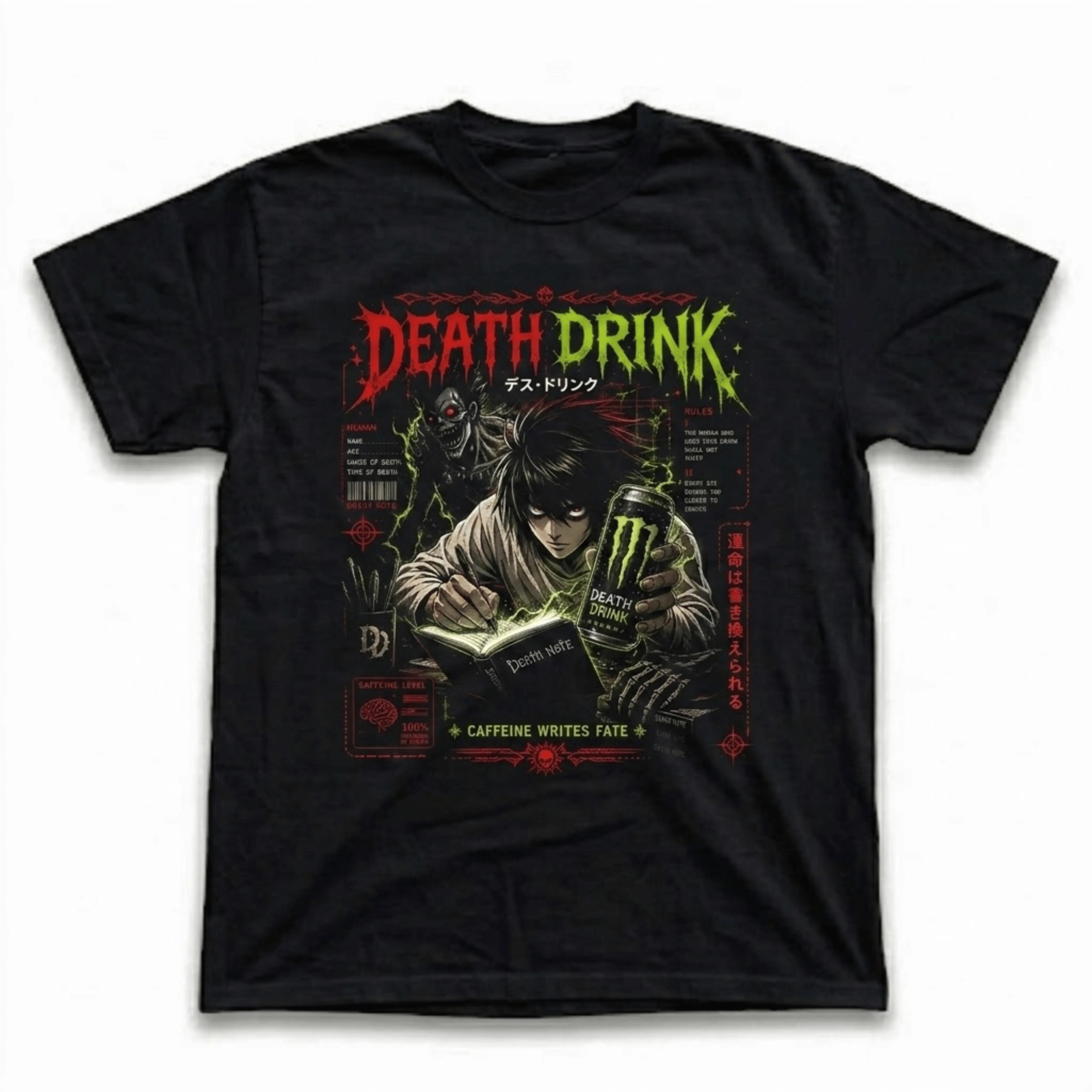 Gildan Men's and Women's T-Shirt, Vintage Death Drink Graphic Tee, L Lawliet Death Note Shirt, Ryuk Monster Parody Top, Red Neon Green Merch, Cyber Sigilism Clothing, Y2K Grunge Streetwear, Opium Core Apparel, Dark Anime Unisex