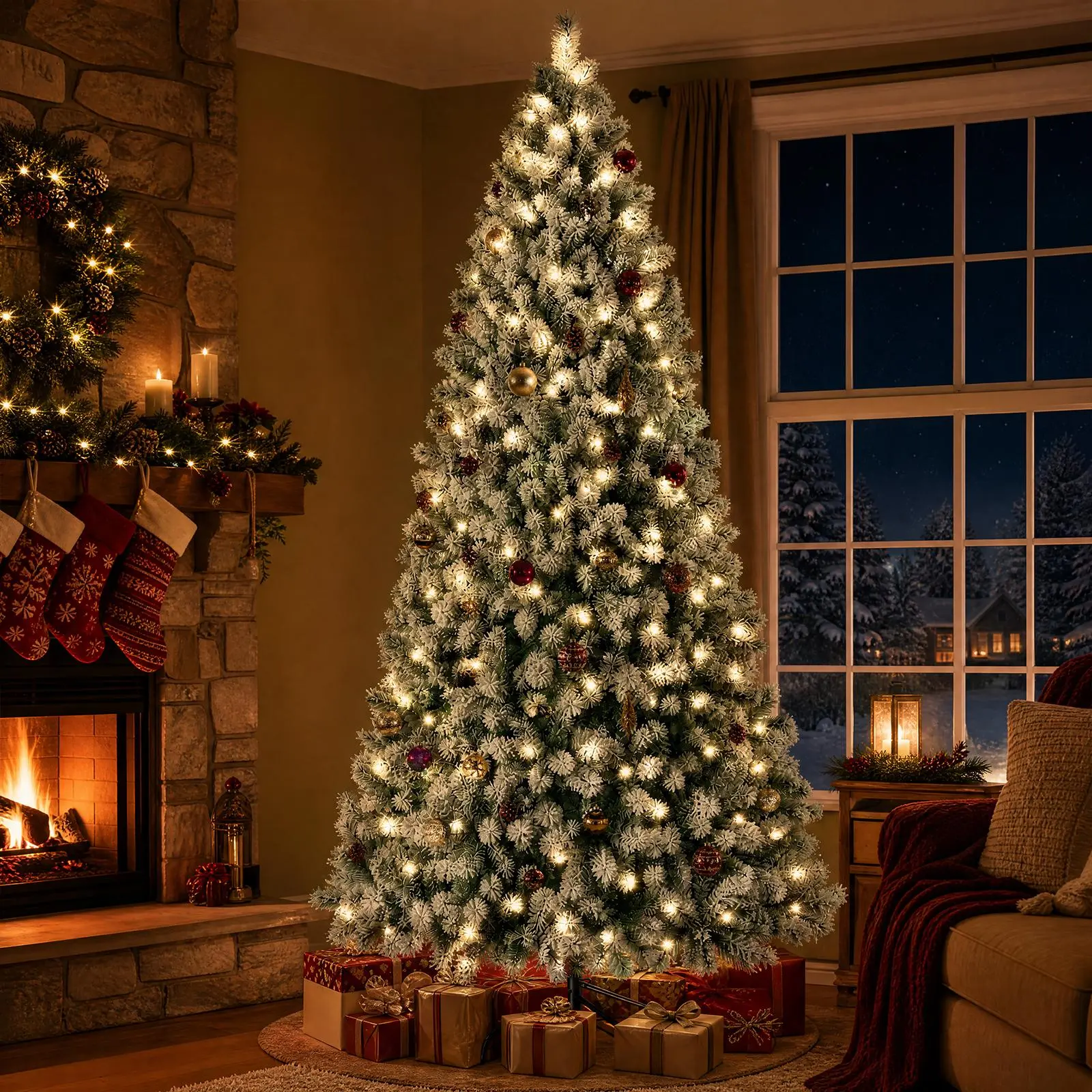 Sweetcrispy Pre-Lit Snow-Flocked Artificial Christmas Tree - LED Lighted, 250 Warm-Toned LED Lights, 8 Modes, Full Branches for Decor, Heavy Metal Foldable Stand, Christmas Room Decor, Mood Lighting, Home Holiday Supplies