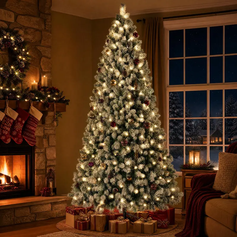 Sweetcrispy Pre-Lit Snow-Flocked Artificial Christmas Tree - LED Lighted, 250 Warm-Toned LED Lights, 8 Modes, Full Branches for Decor, Heavy Metal Foldable Stand, Christmas Room Decor, Mood Lighting, Home Holiday Supplies
