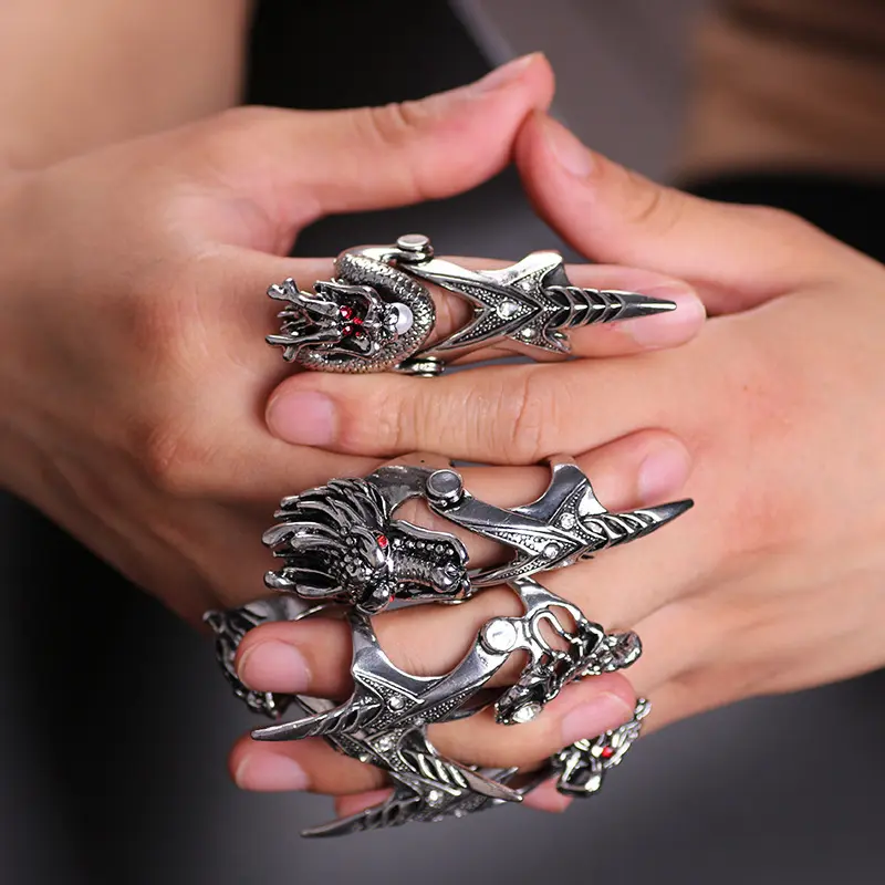 Vintage Dragon Sculpted Ring Set, Antique Silver‑Tone 3D Animal Statement Rings, Punk Stackable Decor Jewelry for Men