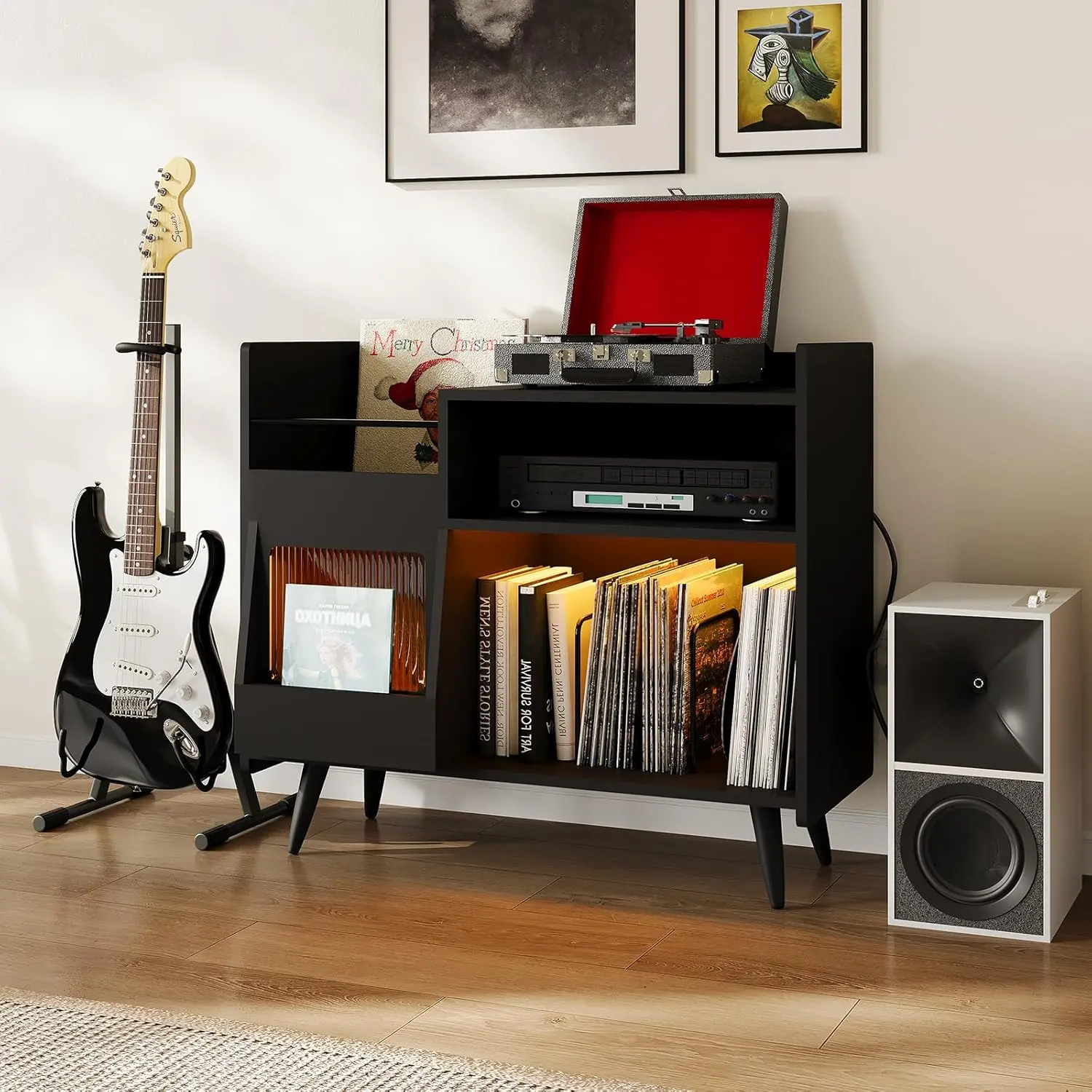 Large Record Player Stand with 350 Vinyl Albums Storage Wood Table Console with Charging Station Built-in AC USB Ports and RGB LED Lights Retro Turntable Cabinet Table with Sliding Door Audio Media Organizer for Living Room