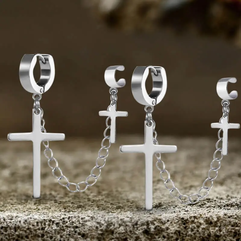 GTHIC Punk Cross Tassel Stainless Steel Dangle Earrings Ear Bone Clips for Men Women Statement Jewelry Fashion Accessories
