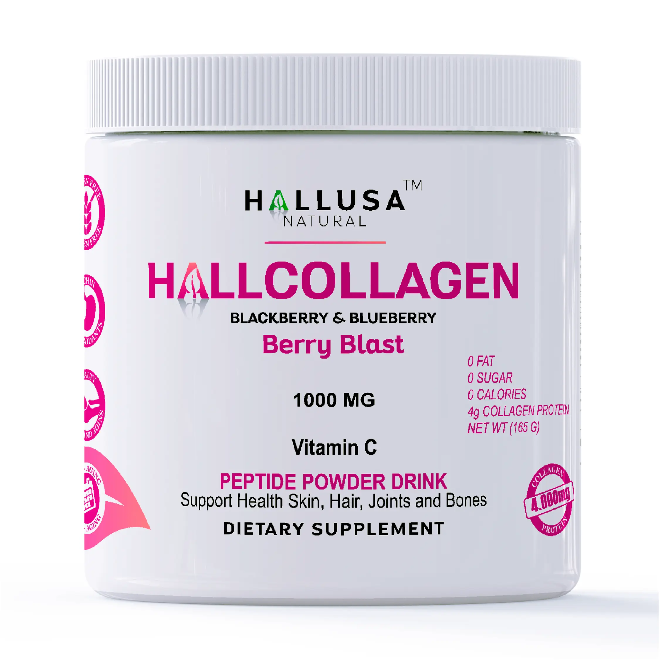 HALLUSA NATURAL Hallcollagen Hydrolyzed Anti-Aging Collagen Powder - 165g Organic Berry Blast Sugar-Free Gluten-Free Vegan Dietary Beauty Supplement, 4g Protein, USA-Made for Skin Care, Joints