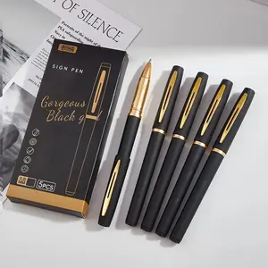5Pcs Black Gold Gel Pens Set, 0.5mm Fine Point, Smooth Writing High Capacity Ink Pens, Durable Plastic Ballpoint Pens, Elegant Black & Gold Finish, Premium Office School Supplies for Business, Study & Professional Use
