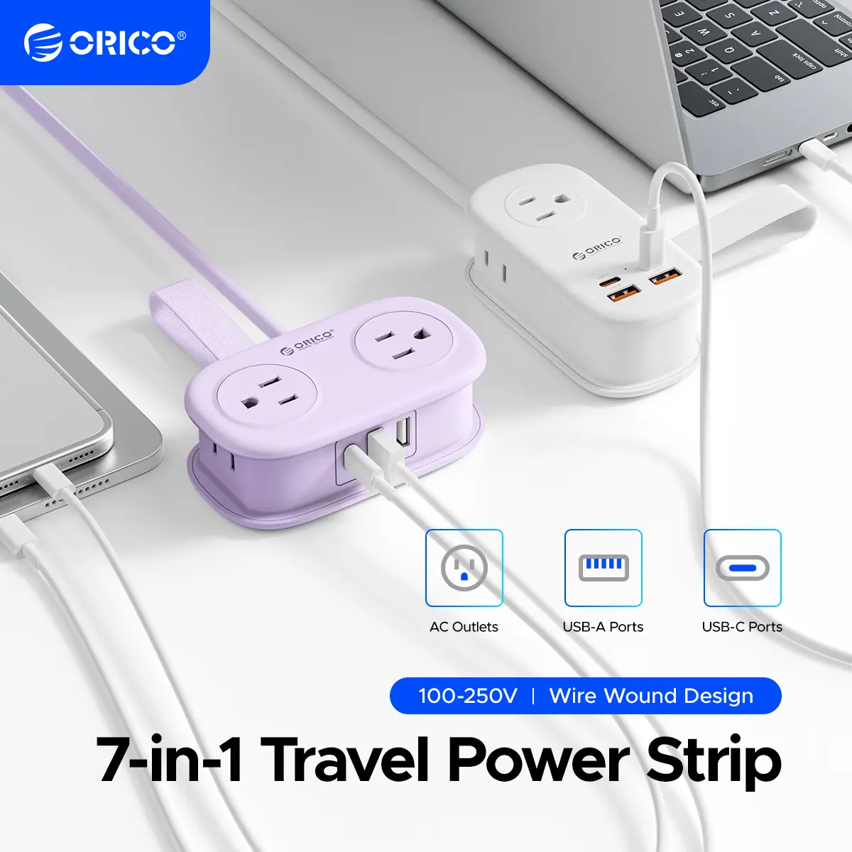 ORICO 7-in-1 Travel Power Strip, 3 AC Outlets + USB-C/USB-A Fast Charge (20W or 65W PD GaN), 4FT Wrapped Extension Cord, Flat Plug, Compact for Hotel, Dorm, Cruise, and MacBook/iPhone Devices - AP3 20W/65W