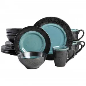 212 MAIN Gibson Dragonstone Reactive Glaze 16-Piece Aqua Tableware Set - Dinnerware Dishes, Bowls, Unique Kitchenware