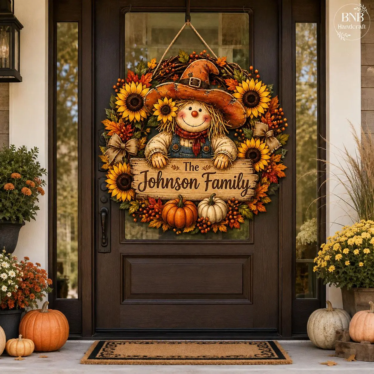 Personalized Scarecrow Sunflower Wreath Sign, Custom Family Name Fall Door Hanger, Thanksgiving Porch Decor, Autumn Welcome, Fall Decor 2026
