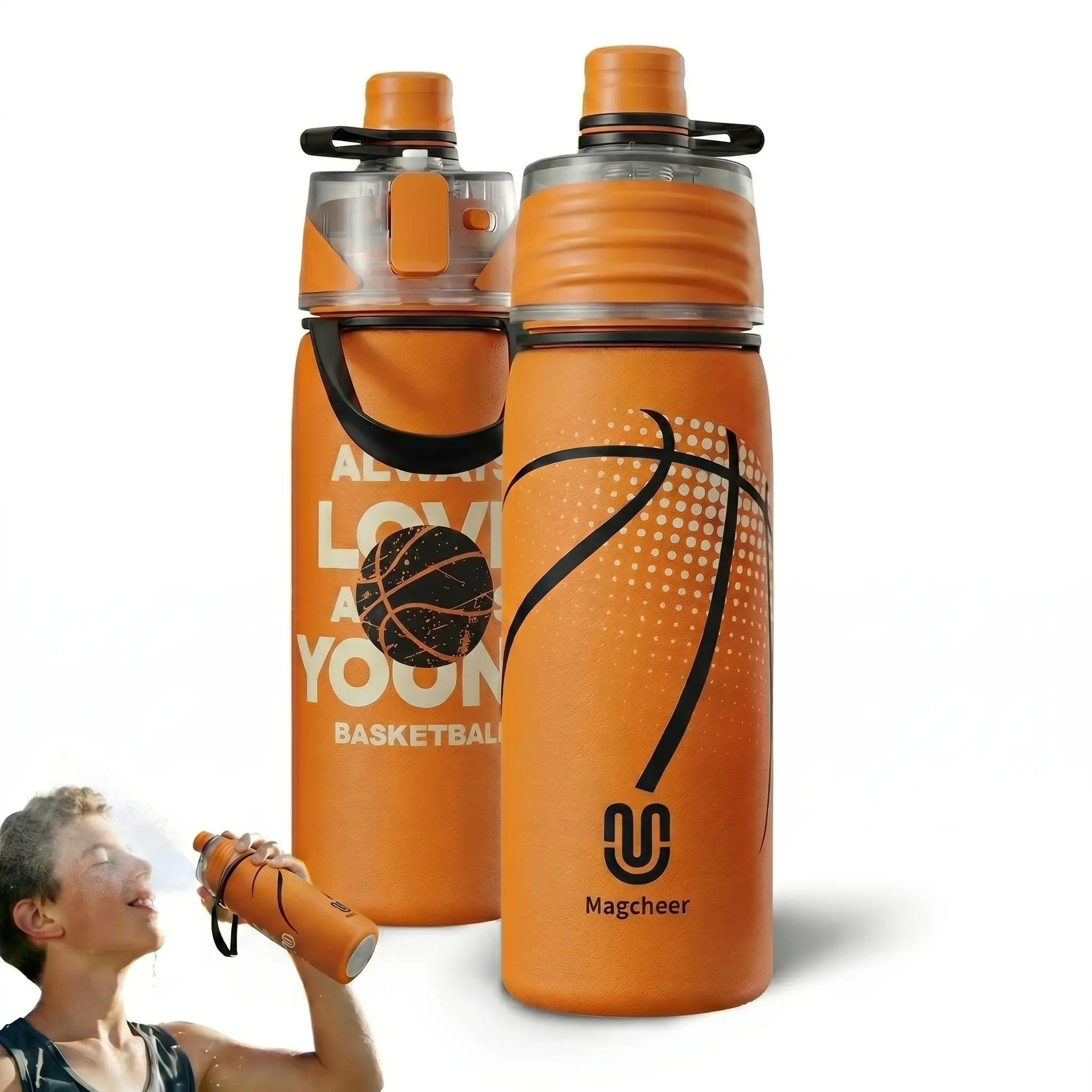 Basketball Water Bottle - 20oz Insulated Spray Water Bottle, Stainless Steel, 3D Texture - Kids Soccer Accessory Gift