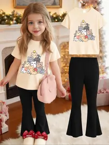 【Two-piece set】Girls' fashion set: cartoon cat pattern printed T-shirt + casual flared pants, a must-have for children's trendy clothing, Cute clothing set. Does not include a bag.