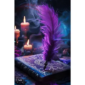1PCS Mystical Purple Feather Diamond Painting Kit with Vintage Grimoire Design DIY Rhinestone Embroidery Craft for Home Decor Witchcraft Themed Wall Art Supplies for Adults and Beginners Includes Tools