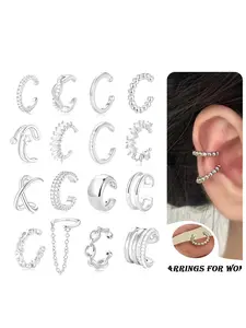 16 Pcs Ear Cuff Earrings Non Piercing Cubic Zirconia Ear Cuffs for Women Silver Gold Plated Clip on Cartilage Helix Wrap Fake Earrings Jewelry