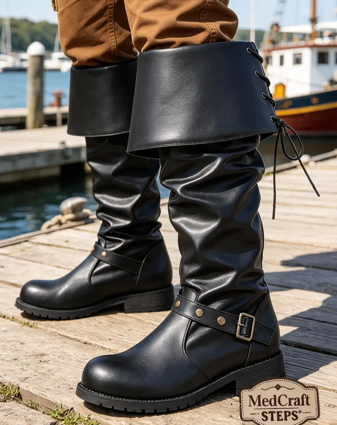 Men's Medieval-Renaissance-Viking Gothic Cosplay Costume Boots - Cowhide/PU Leather, Lace-Up/Slip-On Cowboy Style Footwear for Pirate Themed Events & Cosplay Accessories Closed Black