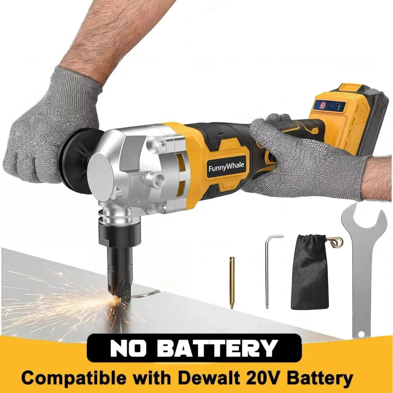 FunnyWhale Cordless Metal Nibbler Brushless Power Tool, Compatible with Dewalt 20V MAX Battery (No Battery), 18 Gauge with Assist Handle & 2 Blades, 3000RPM Spark-Free for Sheet Metal, Stainless/Alum