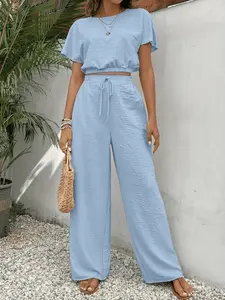 Summer Women's Short Sleeve Crop Top + Long Pants Casual Set, Tie Front Loose-Fitting, Plain Pattern, Vacation Two-Piece, Womenswear Style