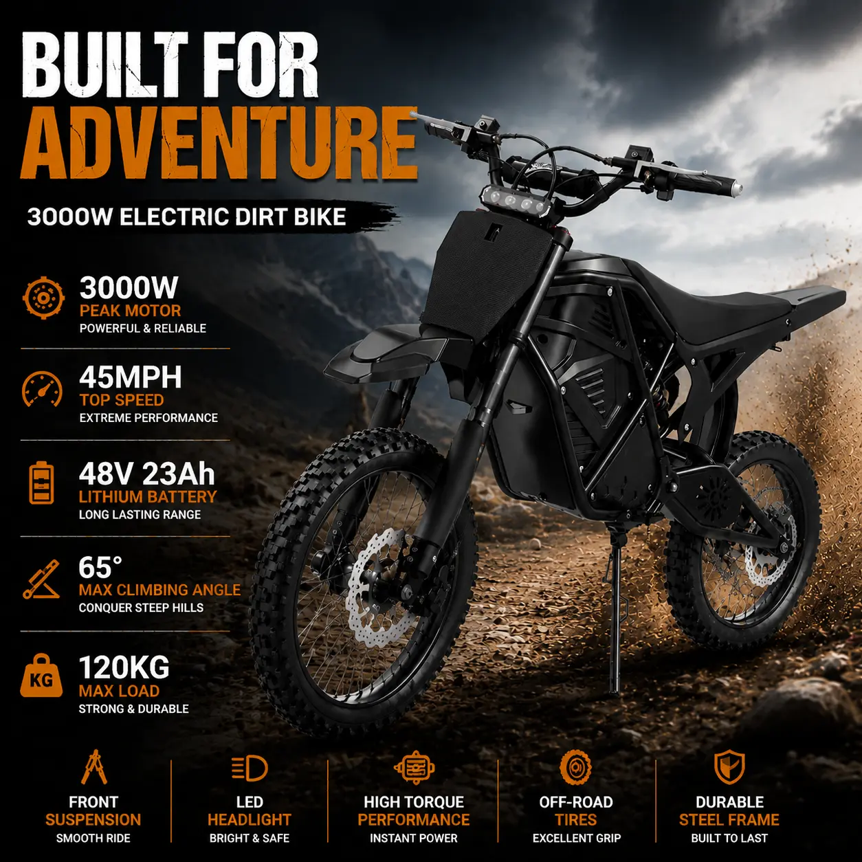 ASKMY 3000W Peak Electric Mountain Bike, 45 MPH Fast All-Terrain E-Bike with 48V 23Ah Battery, 40 Mile Range, Front Suspension, LED Light & Reverse Mode for Adults & Teens