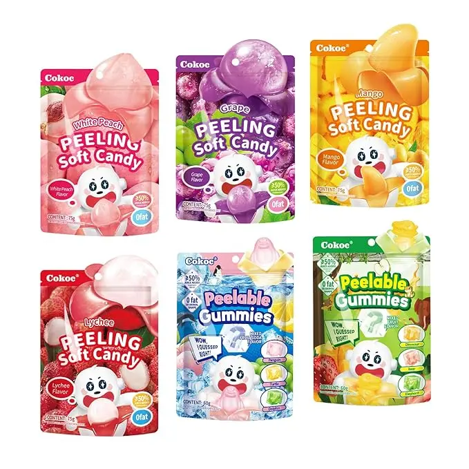 COKOC Peelable Gummy Variety Pack - 6 Individual Packs Featuring Peeling Mango, Grape, White Peach, Lychee,Strawberry,Apple& Lemon Burst Flavors