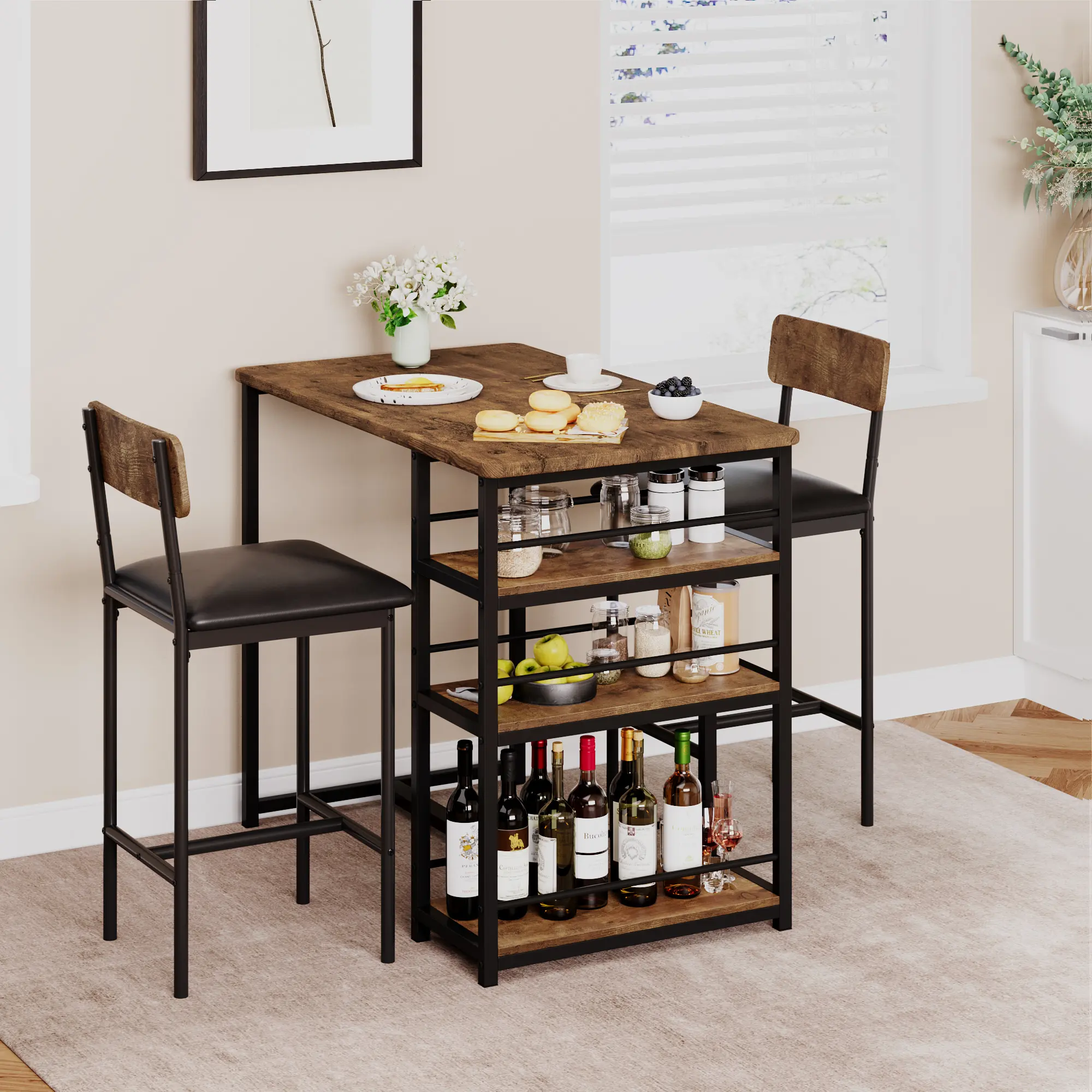 Summervibes Flash Sale Home Items: 3-Piece Bar Height Dining Set for 2, Space-Saving Modern Bistro Pub Table with 3 Storage Shelves & 2 Upholstered Stools, Perfect for Apartment and Breakfast Nook, Grey & Gold White Finish