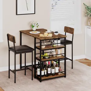 Summervibes Flash sale home items Space-Saving 3-Piece Bar Height Dining Set for 2, Modern Bistro Pub Table with 3 Storage Shelves and 2 Upholstered Stools, Ideal for Apartment & Breakfast Nook, Grey and Gold White Finish