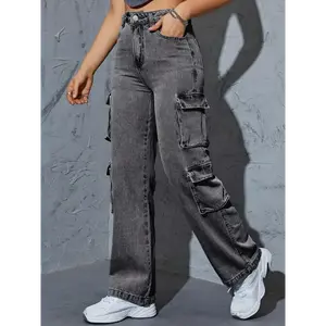 Street Style Women's High-Waist Multi-Pocket Cargo Jeans in Dark Gray Washed, Stretchy and Loose Fit, Side Pockets for Attire Pants Denim
