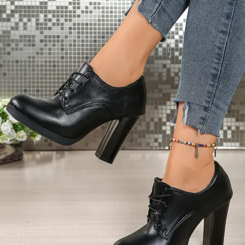 Women's High Heel Shoes, Vintage Thick Sole Oxford Heels, Casual Patchwork Design, Round Toe Medium Width, Spring & Fall Fashion, Office Shoes, Business Style Footwear, Casual Business Shoes, Formal Shoes, Business Casual Oxfords