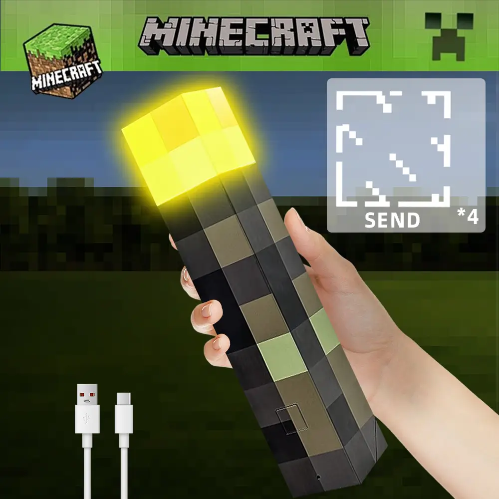 Minecraft Torch Light -4 Colors -USB-Four Minecraft glass stickers are included as a bonus.Wall Mountable For Bedroom Living Room Play Room Decoration