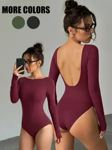 Women's long sleeved knitted solid color backless bodysuit sexy and stylish top for spring and autumn suitable for layering at home or going out perfect for beach vacations and casual wear at home, Piece