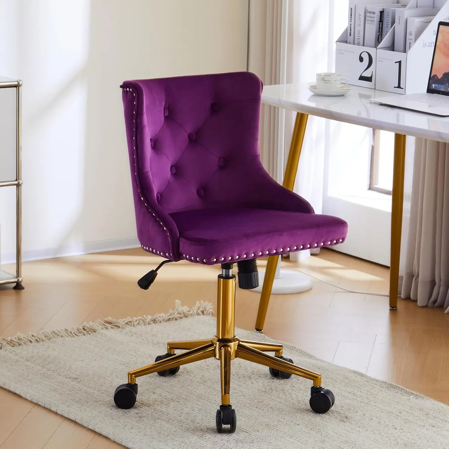 VINGLI Armless Home Office Desk Chair with Gold Base/Wheels, Small Cute Vanity/Makeup Chair with Back for Bedroom, Upholstered Adjustable Rolling Swivel Nail Chair for Women/Girls