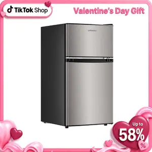 Upstreman mini fridges 3.2 Cu.Ft with Freezer Double Door Adjustable Thermostat Stainless-SD321/BD321 Quiet Efficient LED Light Removable Shelves Crisper Drawer for Dorm Office Bedroom