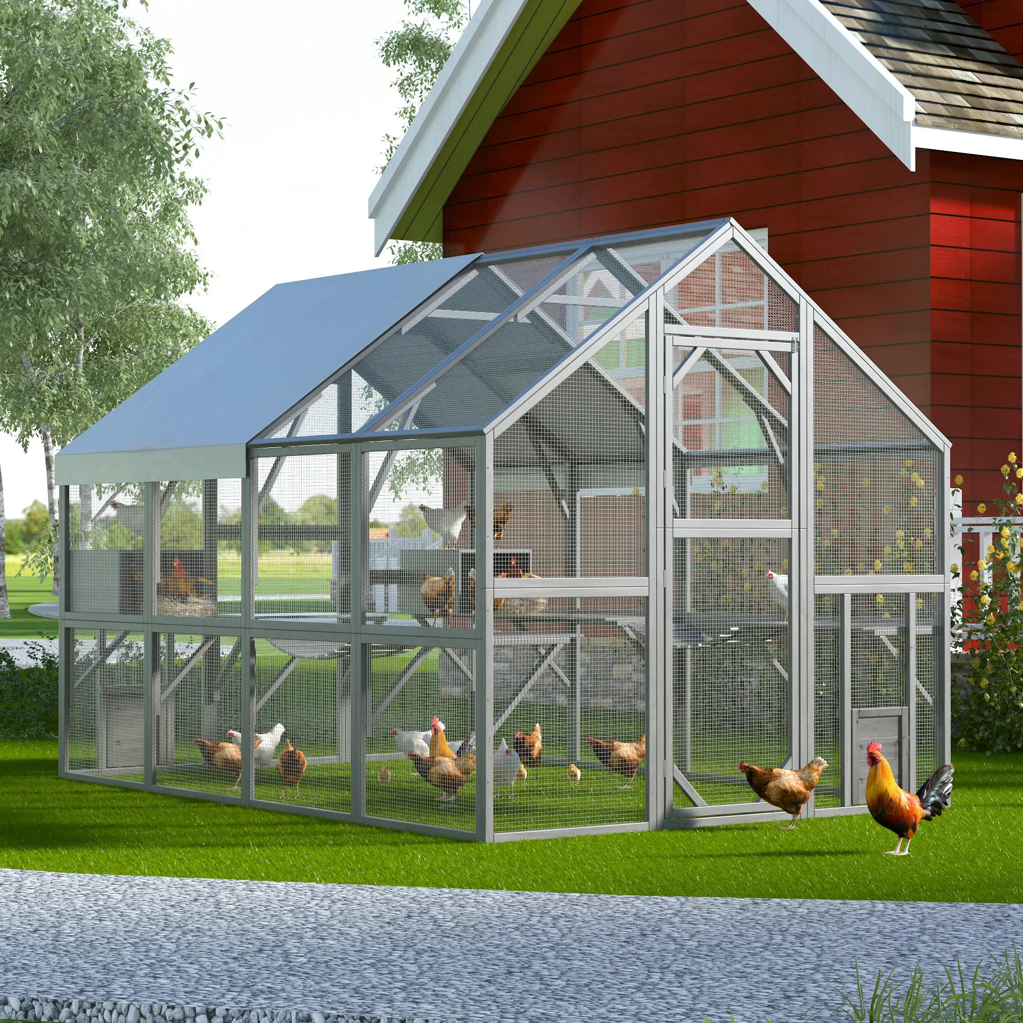 FUFU&GAGA Outdoor Wood Frame Chicken Coop Enclosure - 57.2ft² Luxury Walk-In Outdoor Catio with 2 Doors, 2 Playpens, Hiding Houses, Bridges, Walkways, Roof Cover for Chickens & Kittens (Play & Rest Design)