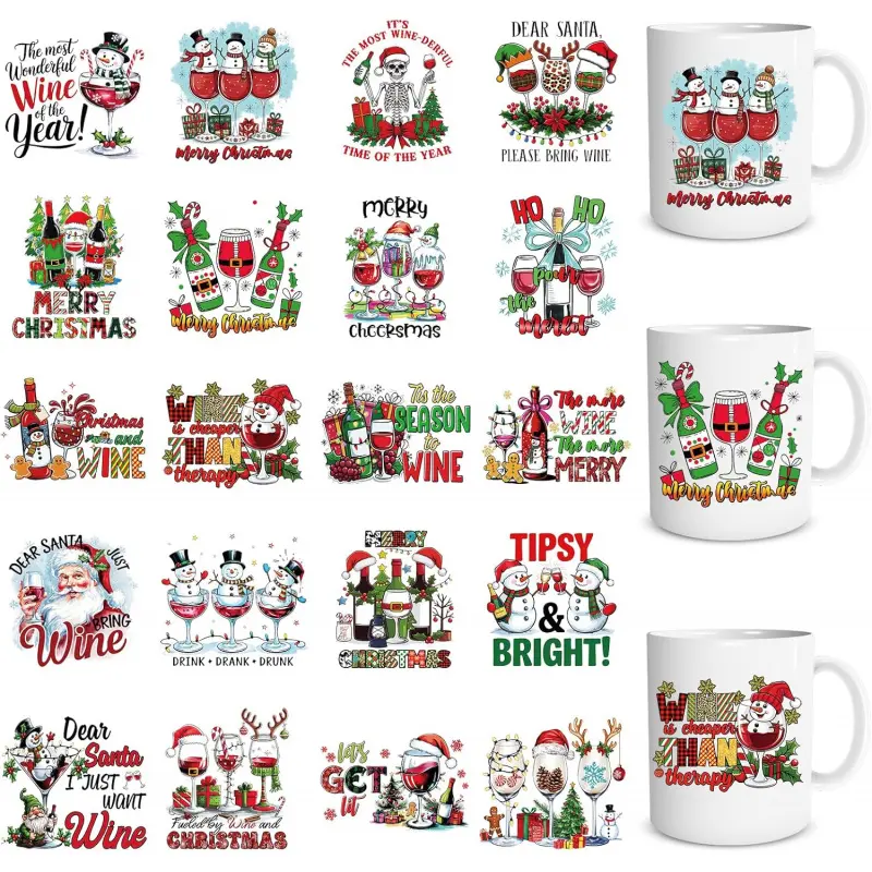 Christmas UV DTF Stickers - 20 Sheets Christmas Wine Quote UV DTF Cup Wraps for 16 OZ Xmas Santa Snowman Waterproof UVDTF Rub on Transfer Decals for Glasses Cups Mug DIY Crafts