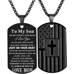 To My Son Necklace from Mom Dad, Dog Tag Cross Necklace for Men, American Flag Birthday Christmas Gifts for Son in Law Grandson Daughter Granddaughter Family Jewelry