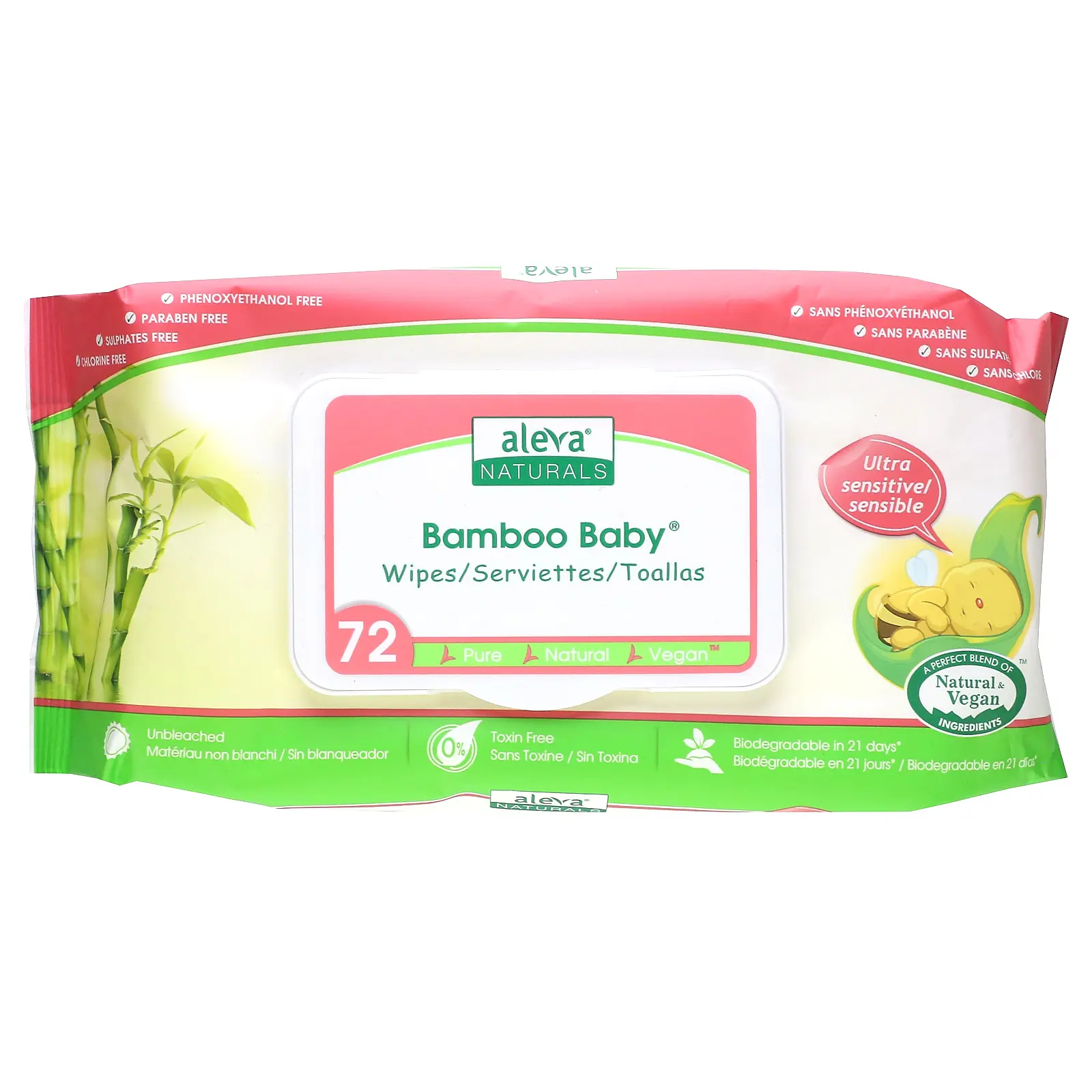 Aleva Naturals Bamboo Baby Wipes, Ultra Sensitive, 72 Wipes