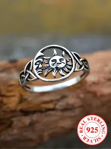 925 Sterling Silver Vintage Hollow Out Sun & Moon Design Cuff Ring, Statement Ring, Fashion Jewelry Accessories for Men & Women, Trendy All-match & Exquisite Jewelry for Birthday Gift