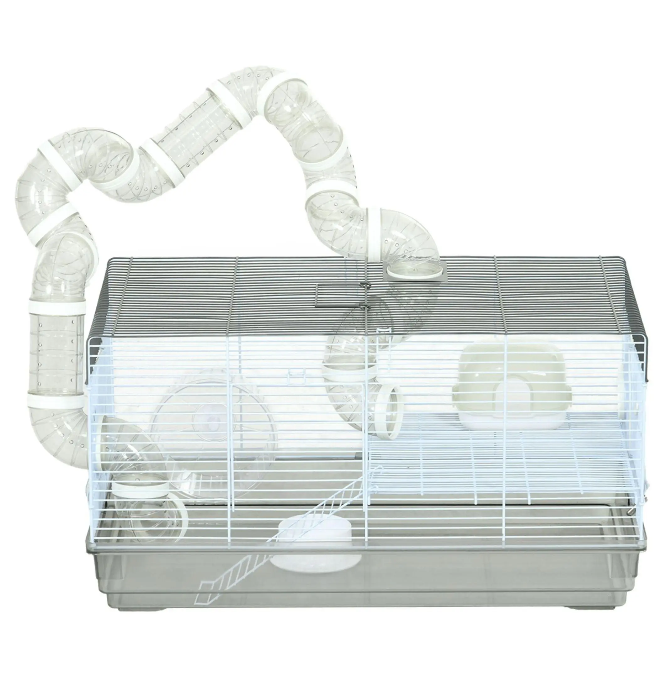 Gray Steel Gerbil & Dwarf Hamster Cage with Tubes, Wheel, Water Bottle, Functional Small Pet Habitat, 22.8Lx12.6Wx12.2H In